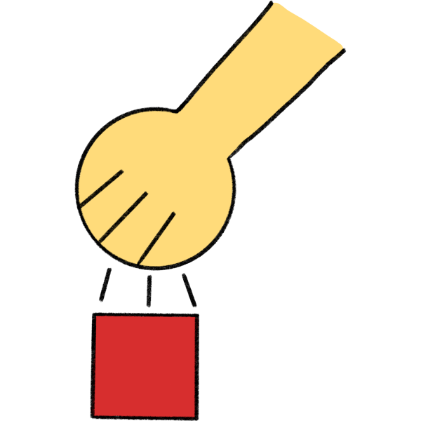 a drawing of a yellow hand dropping a red square.